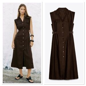 Zara Linen Sleeveless Brown Midi Dress Sz:M